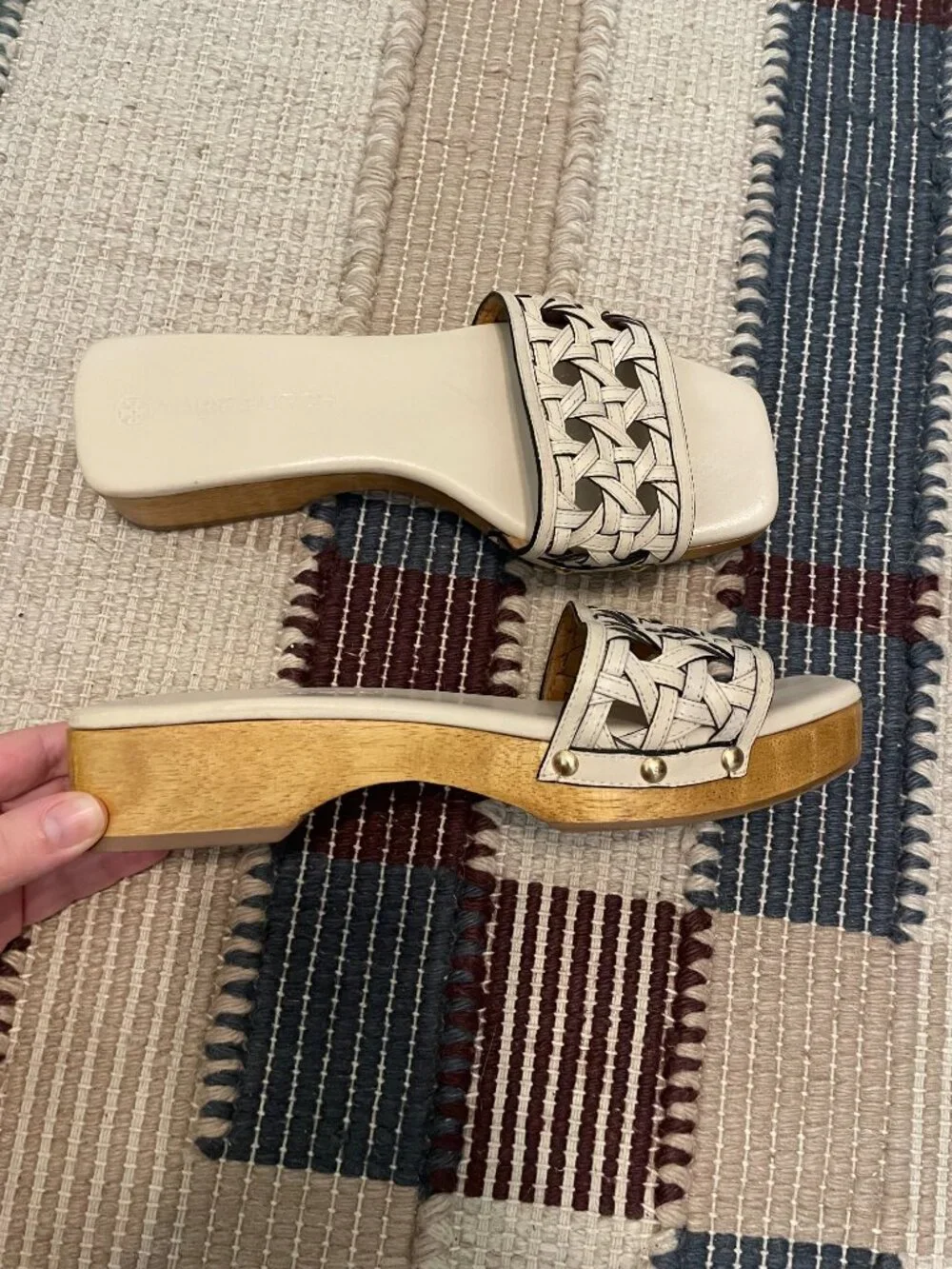 TORY BURCH Lattice Basketweave Leather Wood Sole Clog Sandals Slides \\ 8